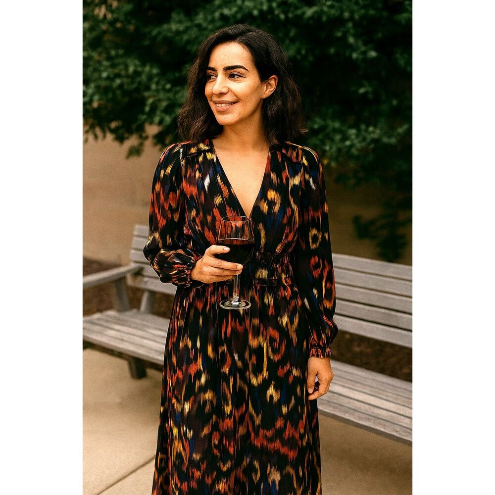 Julia Jordan Abstract Print Midi Dress – Size 6, V-Neck, Long Sleeve